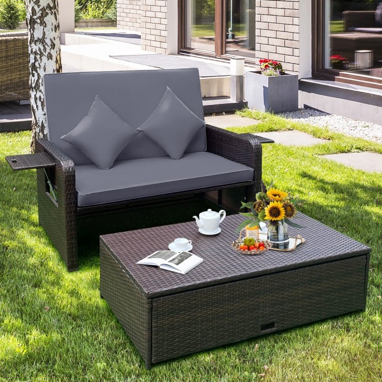 Patio Rattan Daybed with 4-Level Adjustable Backrest and Retractable Side Tray-Gray