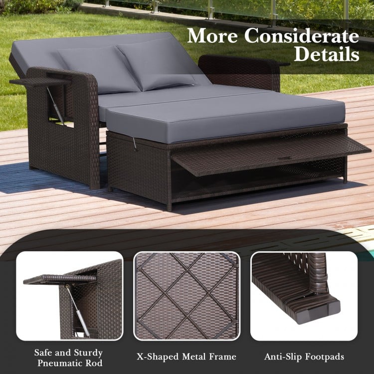 Patio Rattan Daybed with 4-Level Adjustable Backrest and Retractable Side Tray-Gray