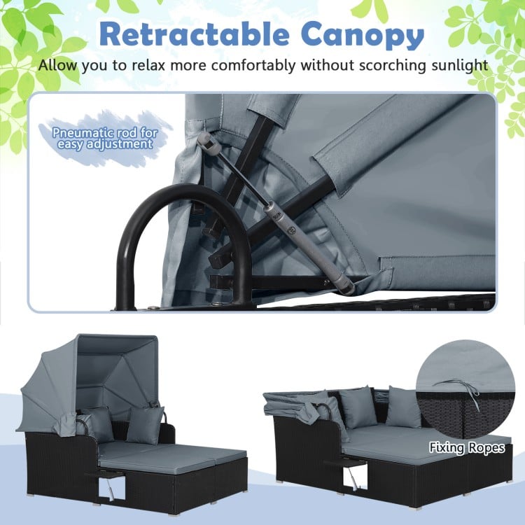 Patio Rattan Daybed with Retractable Canopy and Side Tables-Gray
