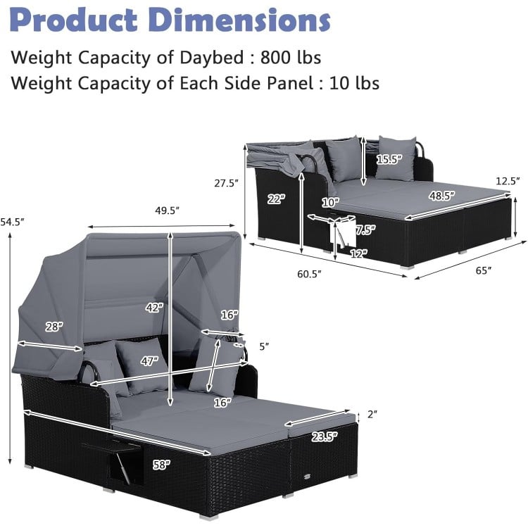 Patio Rattan Daybed with Retractable Canopy and Side Tables-Gray