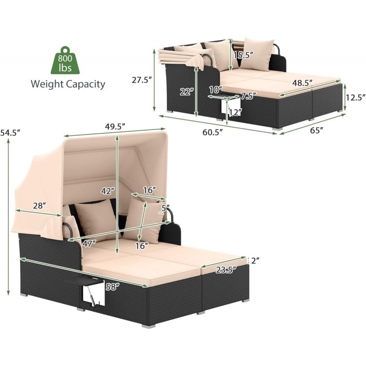 Patio Rattan Daybed with Retractable Canopy and Side Tables-Beige