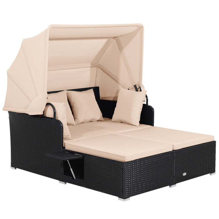 Patio Rattan Daybed with Retractable Canopy & Fold-Out Side Tables