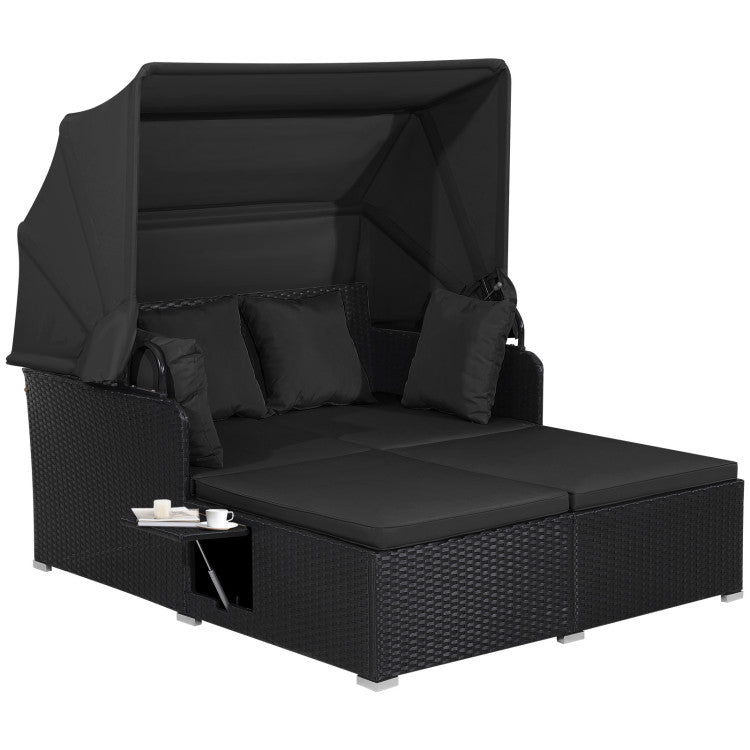 Patio Rattan Daybed with Retractable Canopy & Fold-Out Side Tables