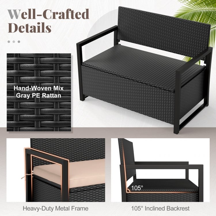 Patio Storage Bench Outdoor Wicker Loveseat with Built-in Storage