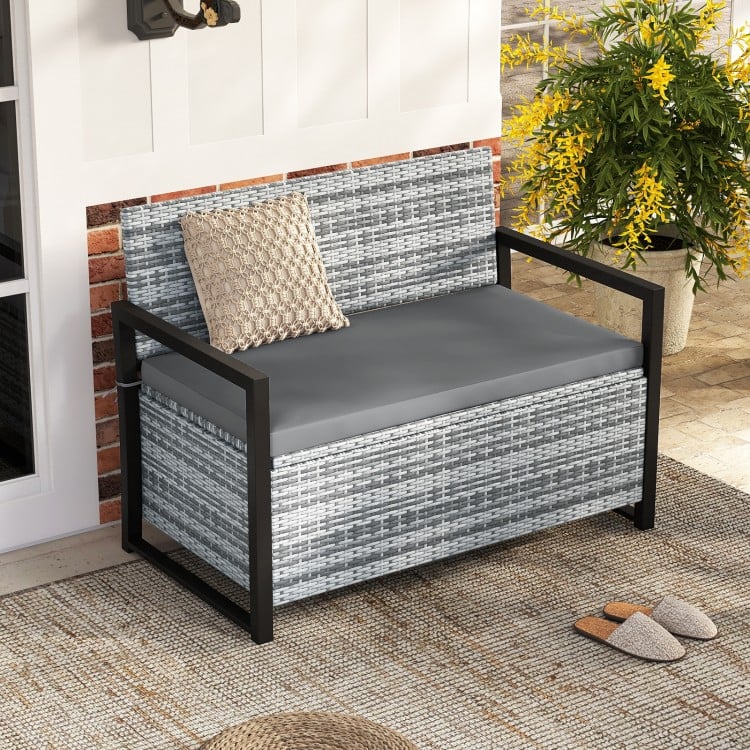 Patio Storage Bench Outdoor Wicker Loveseat with Built-in Storage-Gray