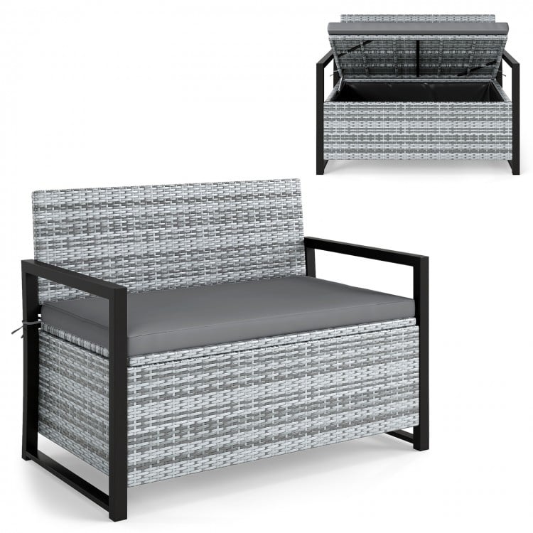 Patio Storage Bench Outdoor Wicker Loveseat with Built-in Storage-Gray