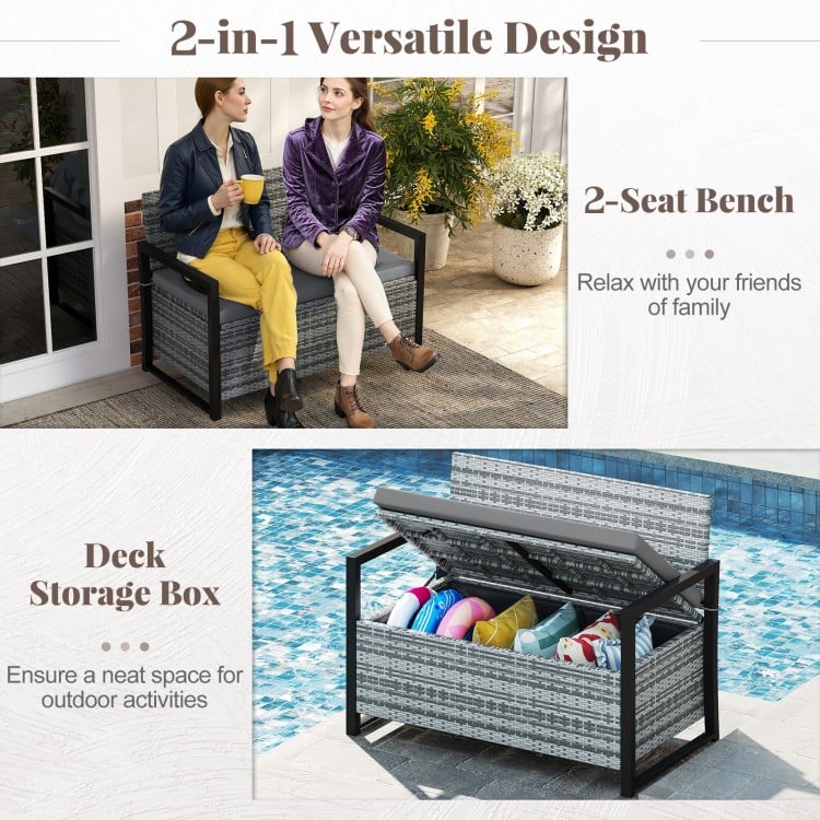 Patio Storage Bench Outdoor Wicker Loveseat with Built-in Storage-Gray