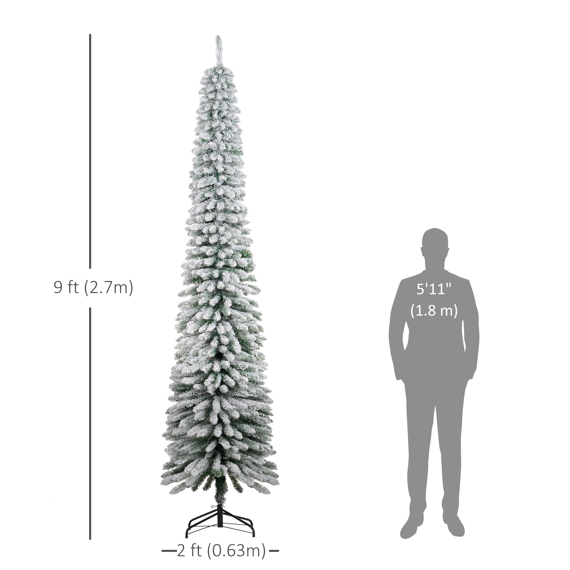 HOMCOM 9ft Snow-Flocked Artificial Christmas Tree, Slim Pencil Xmas Tree with 714 Realistic Branches, Metal Base, Green