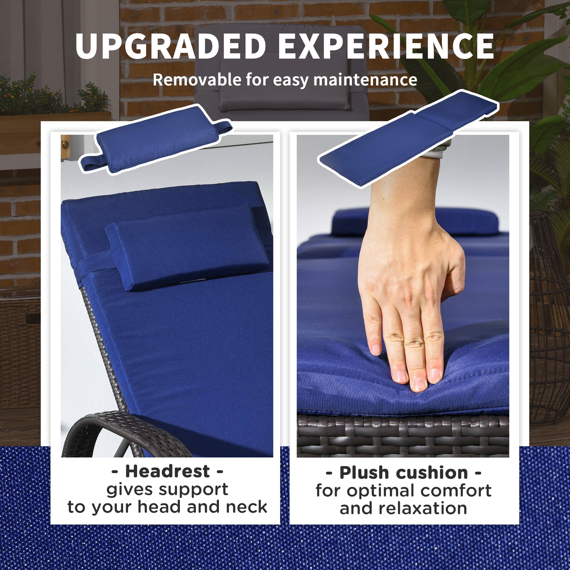 Outsunny Outdoor Lounger Deck Chair with Headrest 5-Level Adjustable Backrest Wheels Deep Coffee Navy Blue