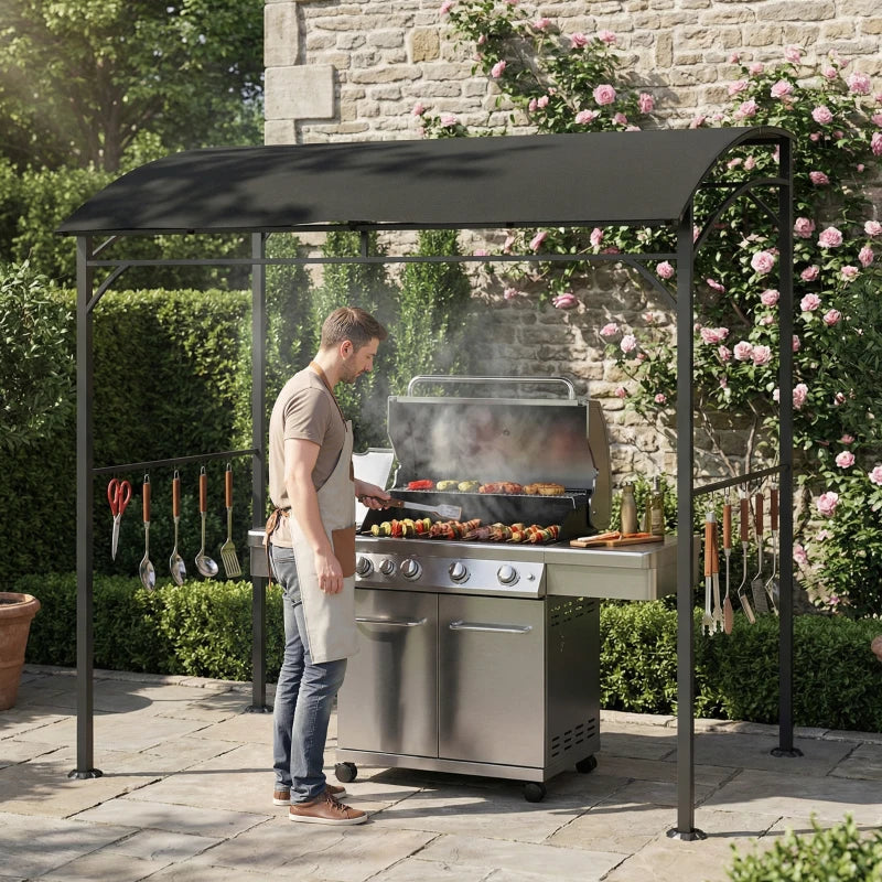 7' x 5' Garden Grill Canopy, BBQ Grill Gazebo Tent with Steel Frame and Hooks, Outdoor Sun Shade, Black