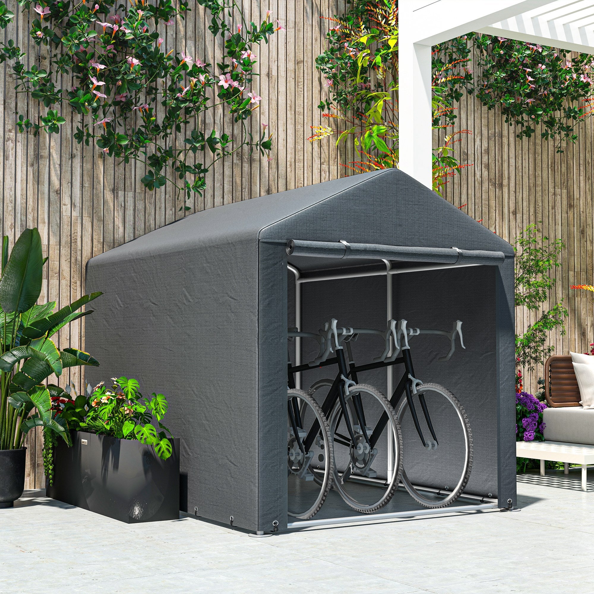 Outsunny Portable Bicycle Shed with Galvanised Steel Frame and Large Door, Waterproof Outdoor Shed for Garden Tools, Dark Grey