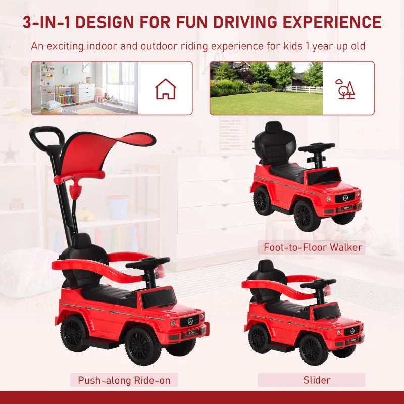 Aosom Mercedes-Benz G350 Licensed Push Car, 3-in-1 Toddler Sliding Car with Horn, Steering, Foot Rest, Seat Storage, Red
