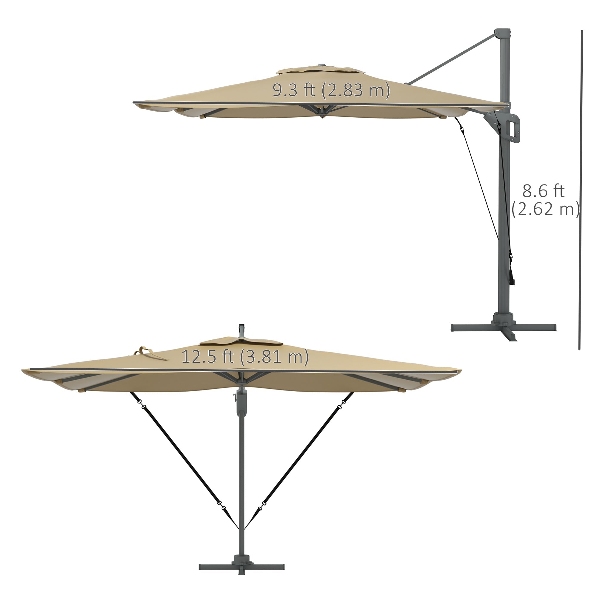 Outsunny 13 FT Cantilever Umbrella in Khaki - Aluminum, 360° Rotation, Crank, Tilt, with Cross Base