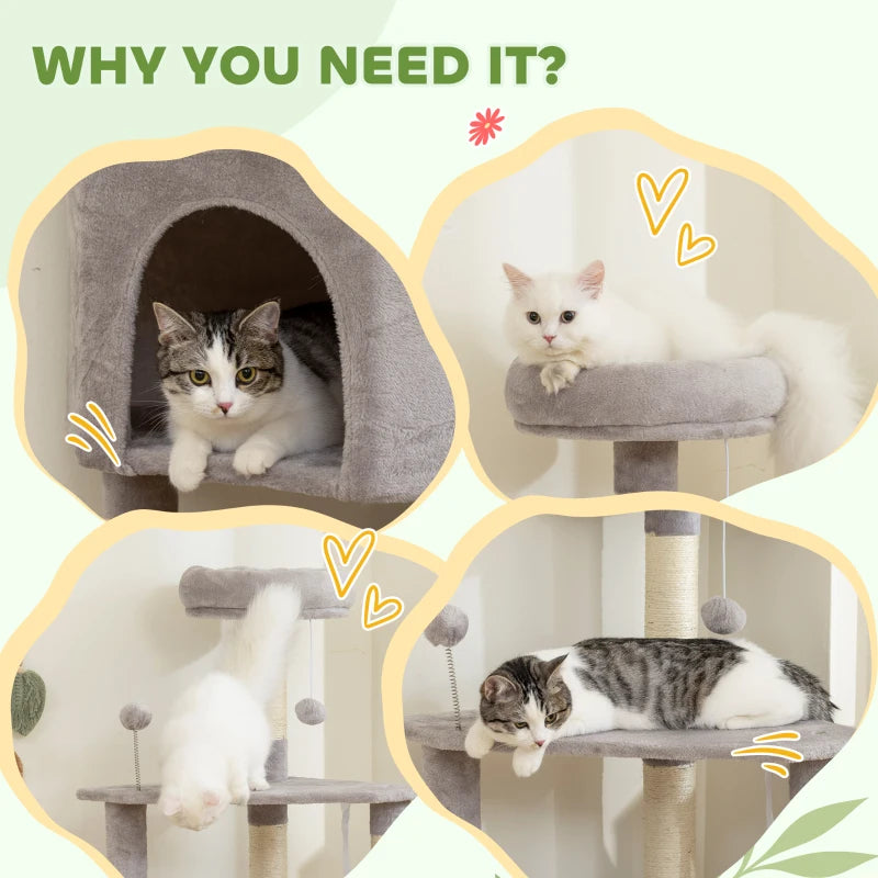 54 Inch Cat Tree with Large Condo, Top Perch, Sisal Scratching Posts, Dangling Toy Ball,Light Grey