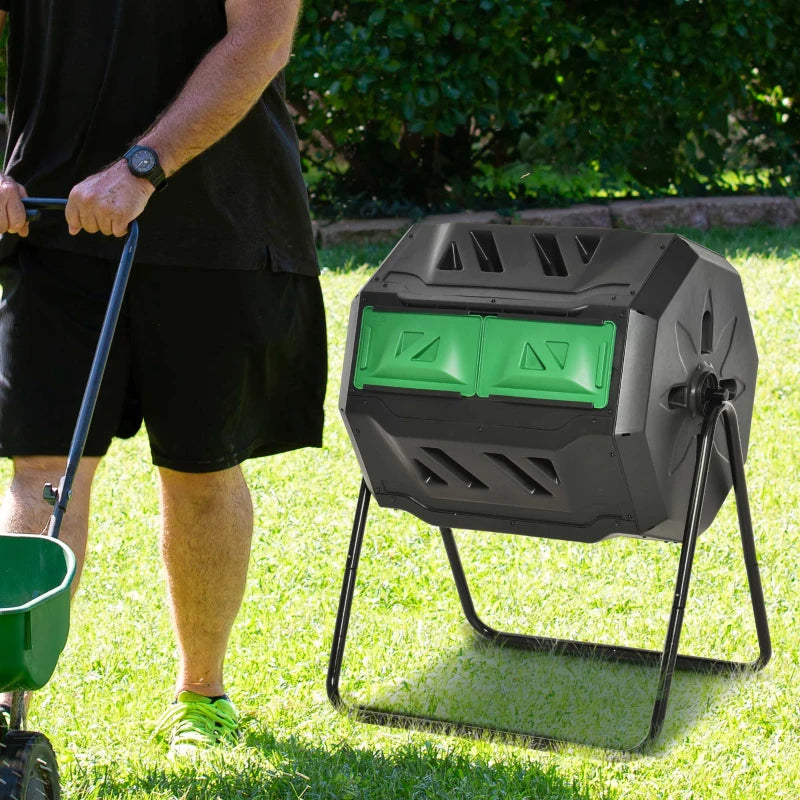 Tumbling Compost Bin Outdoor Dual Chamber 360° Rotating Composter 43 Gallon with Sliding Doors, Green