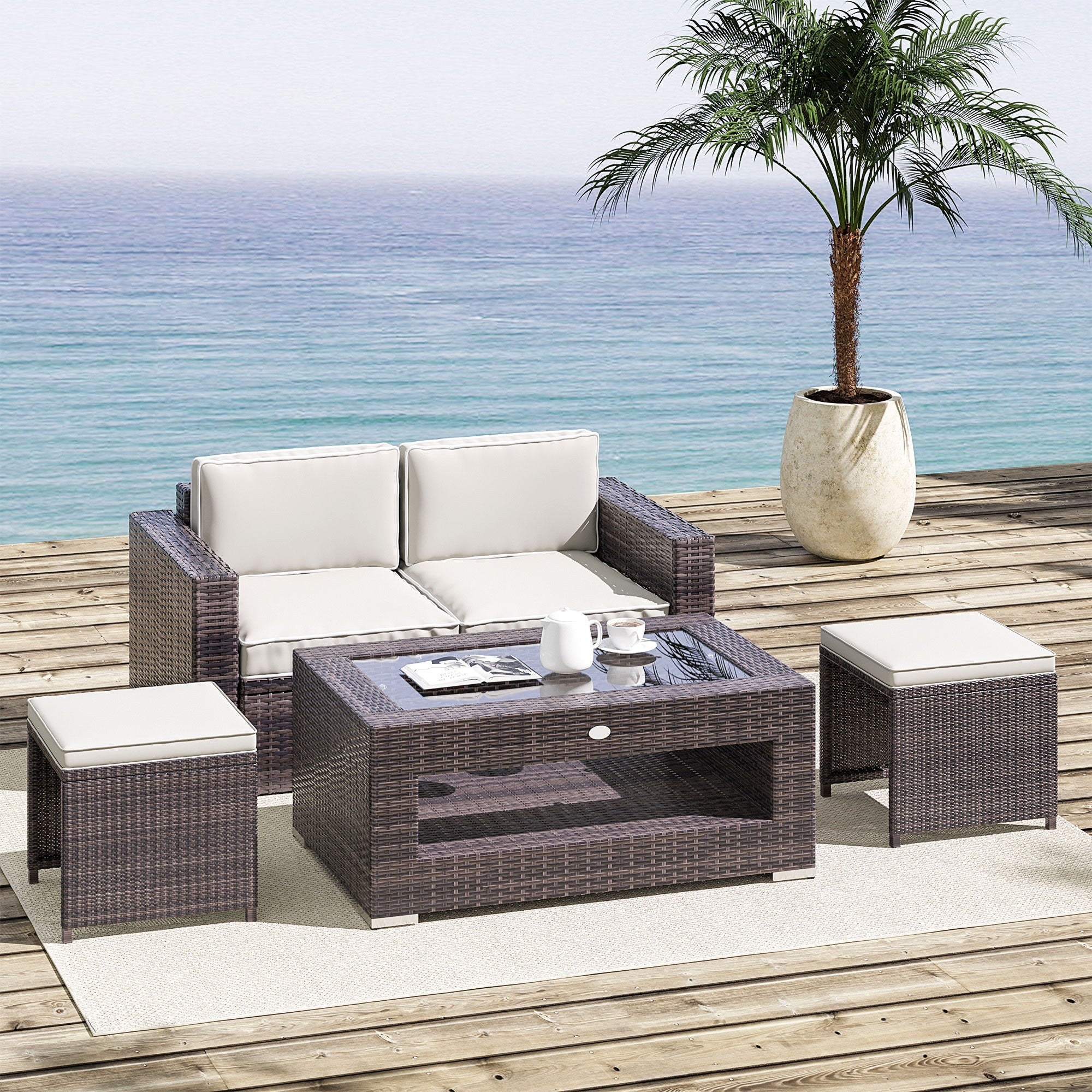 Outsunny Rattan Patio Coffee Table 2-Tier Outdoor Side Table with Tempered Glass Top Storage Wicker Garden Tea Desk