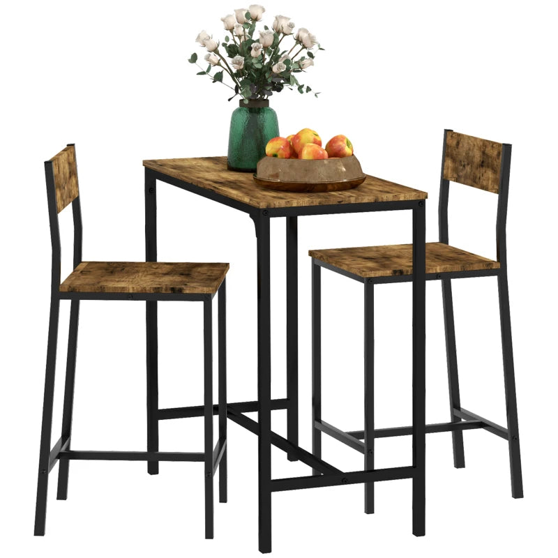 Industrial Bar Table Set Counter Height 3 Piece and 2 High Back Stools Set Dining Table Set Rustic Brown