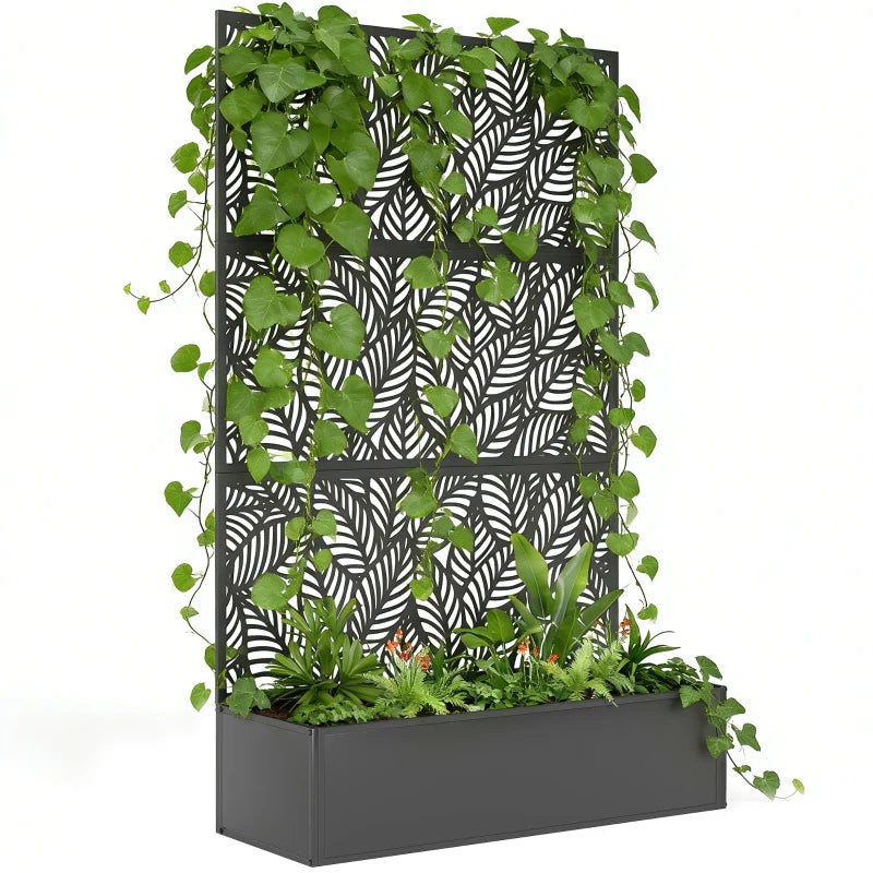 Metal Planter Box with Trellis, 70" Raised Garden Bed with Trellis Privacy Screen for Climbing Plants, Leaves Cut-Out