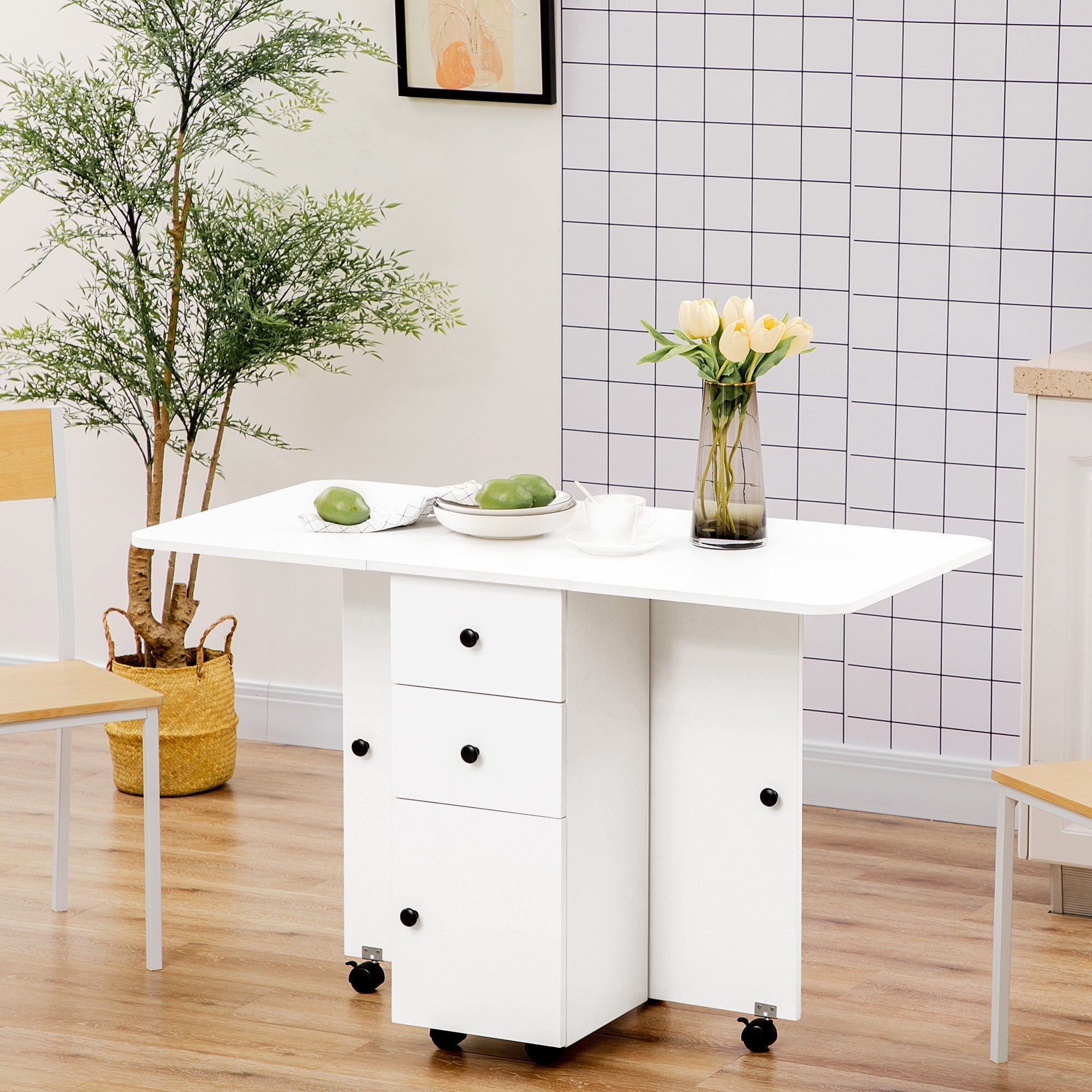 HOMCOM Rolling Kitchen Table Foldable Dining with Storage Drawers Cabinet Drop Leaf Wheels White