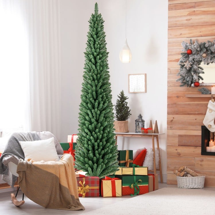 8 Feet Pencil Christmas Tree with Memory Wire Branch Tips and Warm LED Lights