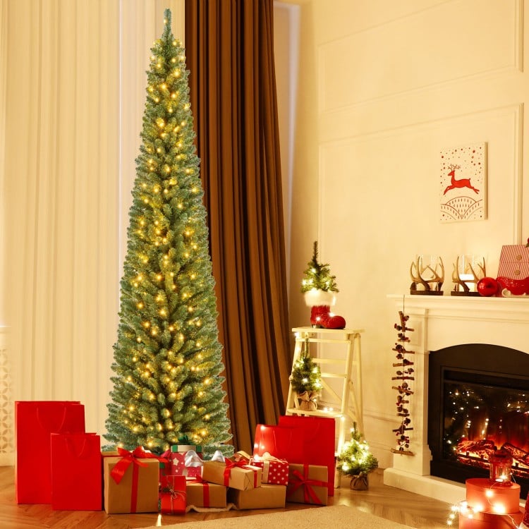 8 Feet Pencil Christmas Tree with Memory Wire Branch Tips and Warm LED Lights
