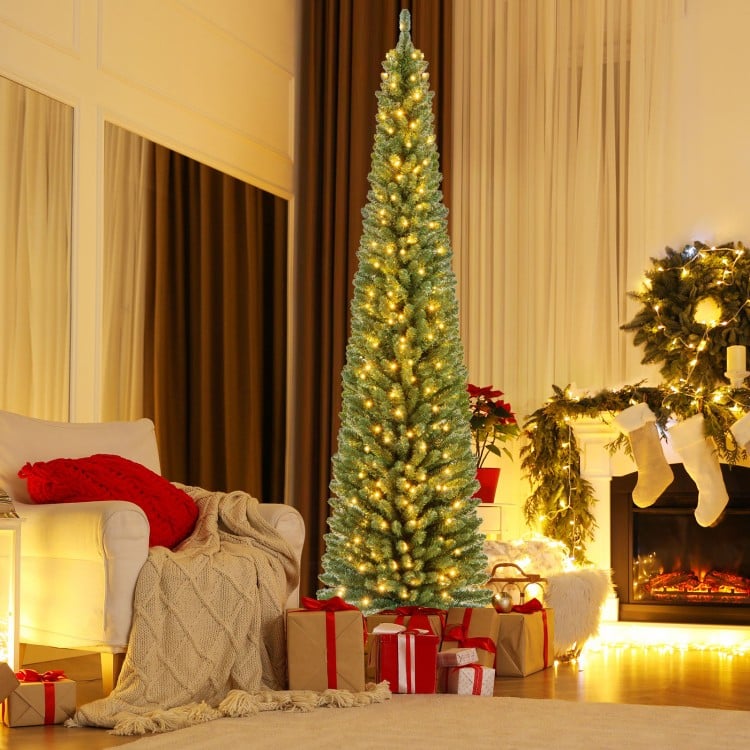 8 Feet Pencil Christmas Tree with Memory Wire Branch Tips and Warm LED Lights