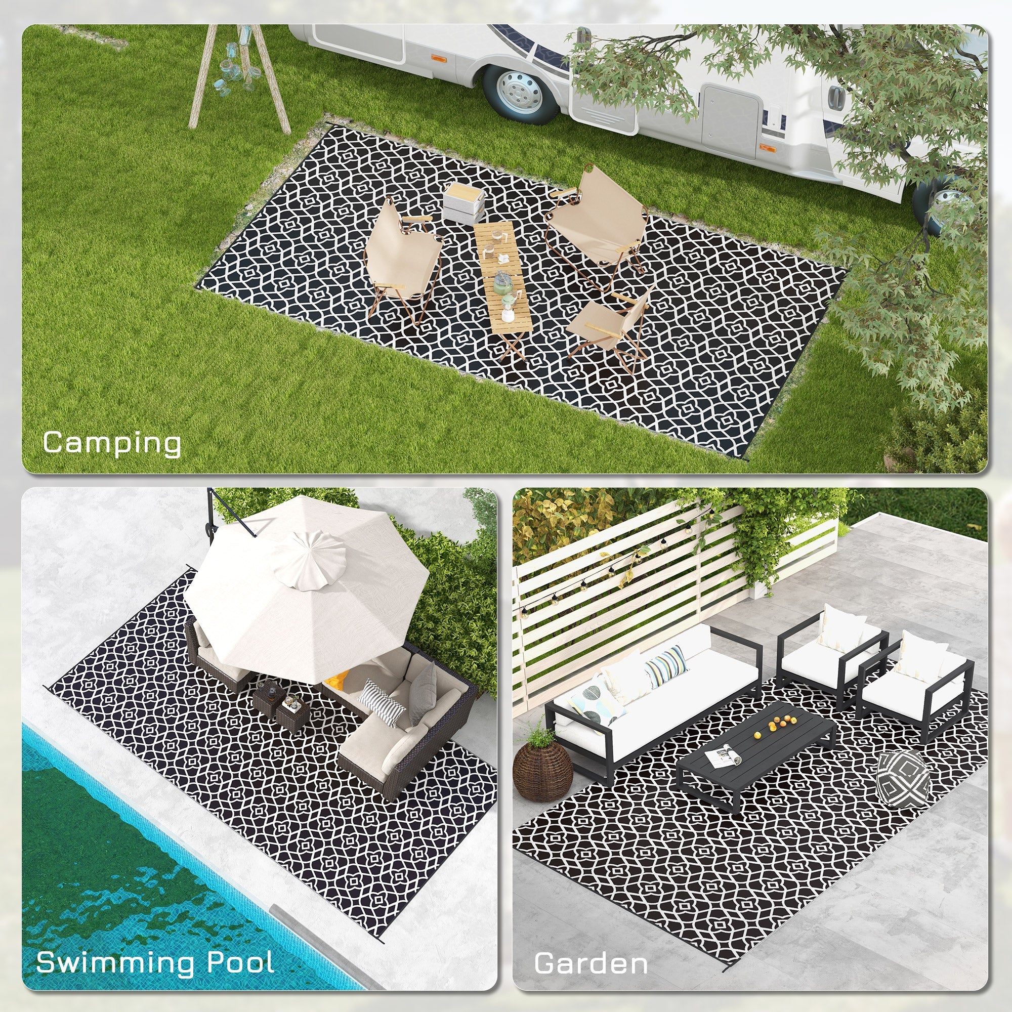 Outsunny Reversible Outdoor Mat Waterproof Plastic Straw Patio Rug 9x18 with Carry Bag Black White Clover