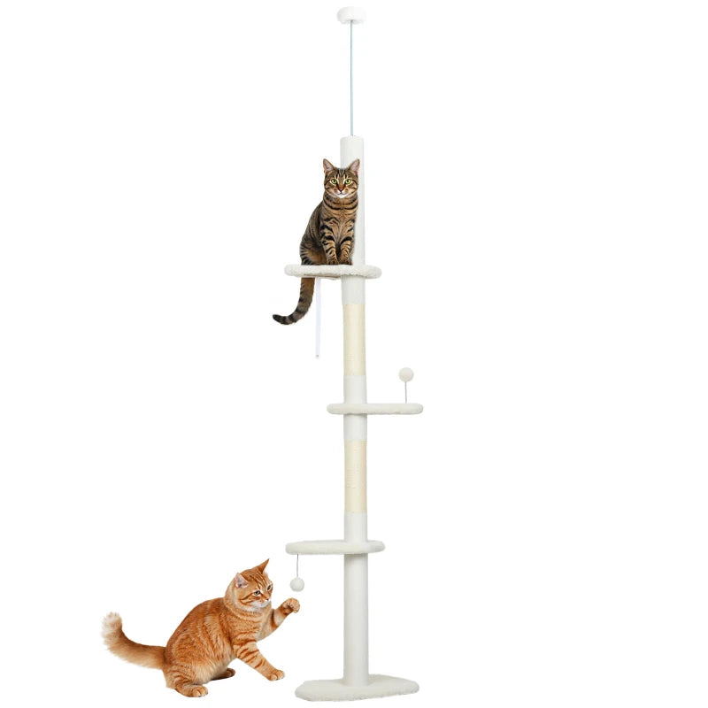 88.5"-100.5" Floor to Ceiling Cat Tree, Cat Tower with Scratching Posts, Cloud Shaped Platforms, Dangling Balls, Cream
