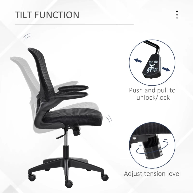 Mesh Office Chair, Swivel Desk Chair with Lumbar Back Support, Adjustable Height, Flip-Up Arm, Black