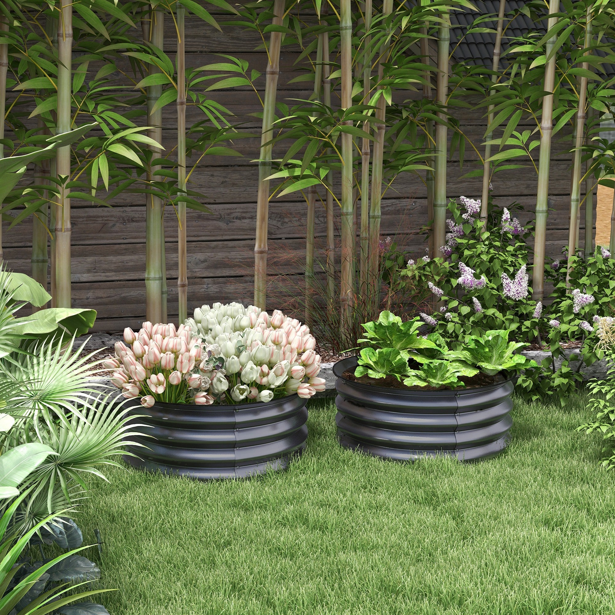 Outsunny Set of 2 Raised Garden Bed, Metal Planter Box with Safety Edging, Easy-to-assemble Stock Tank, Dark Grey