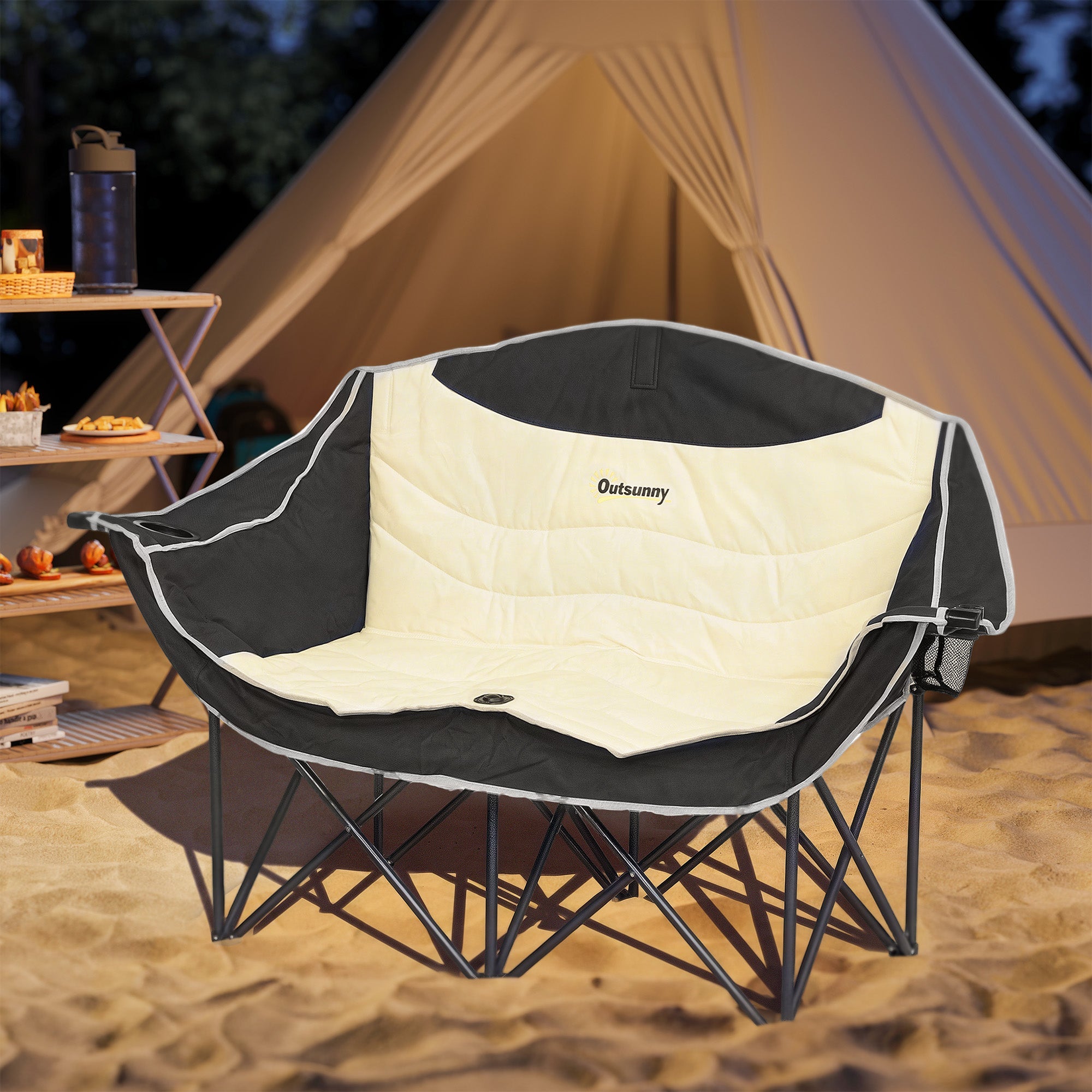 Outsunny Portable Camp Chair, Double Camping Chair with Cup Holders and Carry Bag, Support 551 lbs, Khaki