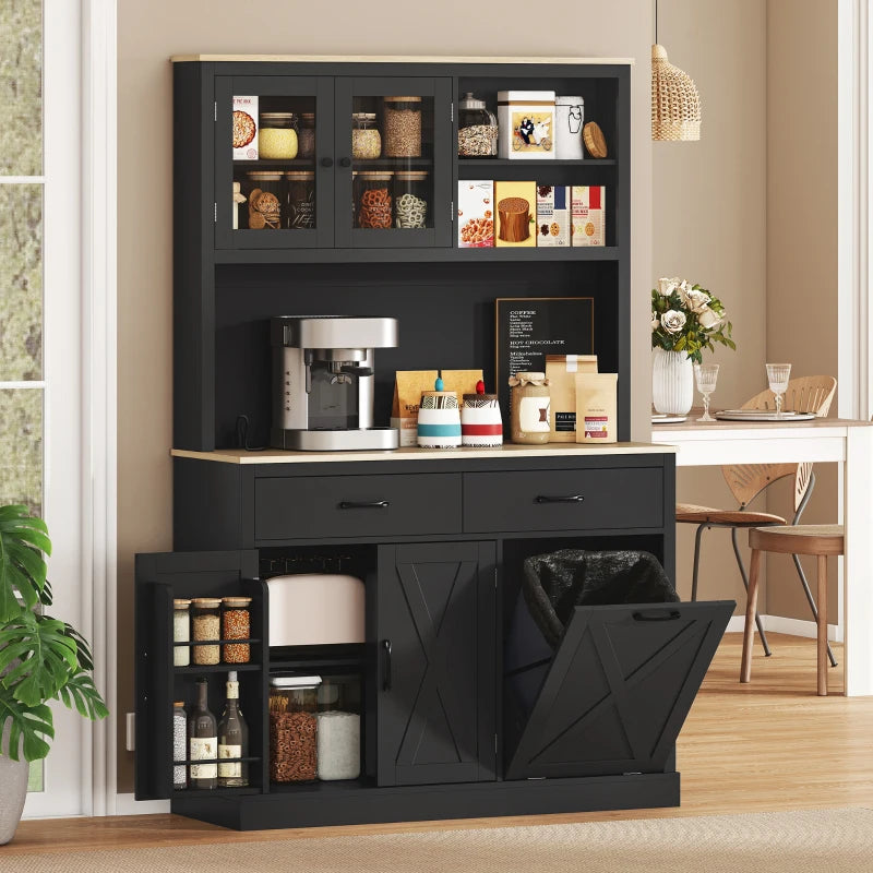69" Kitchen Pantry Cabinet with Charging Station Kitchen Cabinet with Microwave Stand 7 Gallon Trash Can Cabinet Black