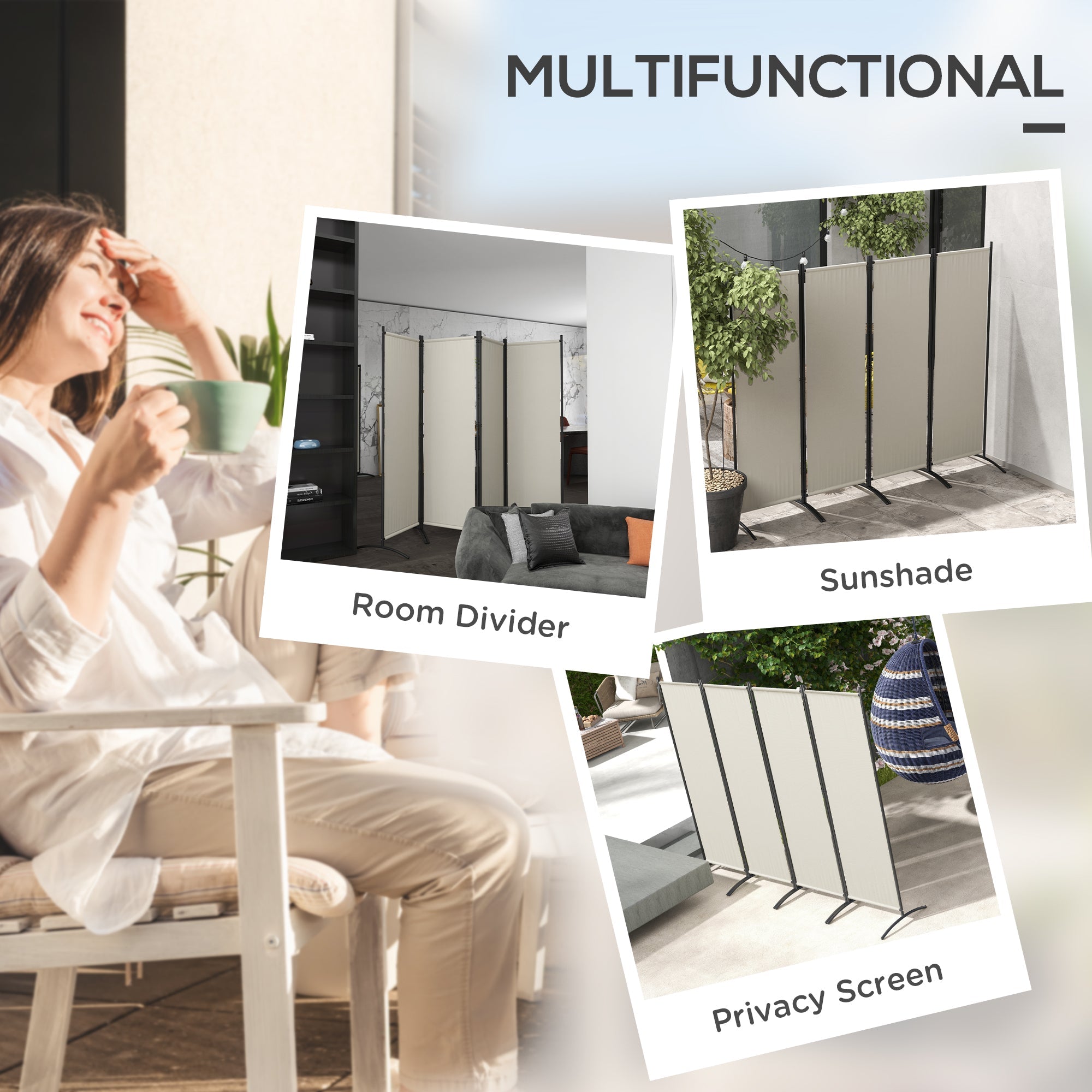 Outsunny Folding Room Divider, Privacy Screen for Patio Backyard Pool Hot Tub, 5.6FT Tall, Cream White
