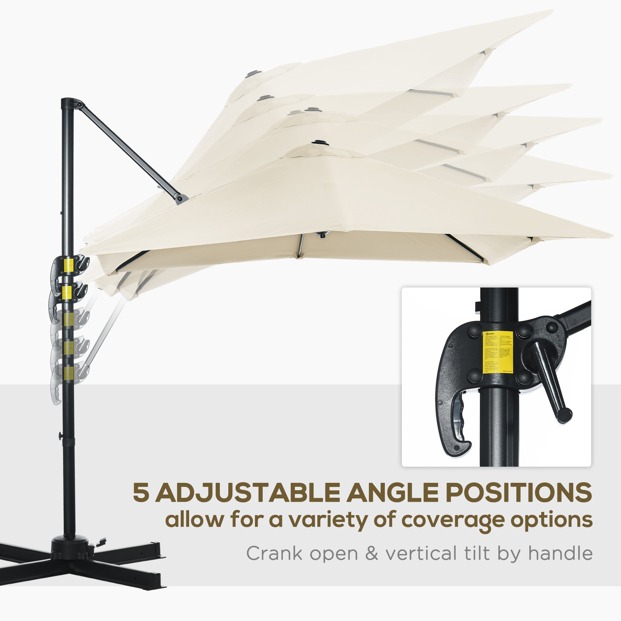 Outsunny Square Patio Hanging Offset Umbrella 8' x 8' Aluminum Cantilever Crank Market Parasol 360° Rotation Cross Base Cream White