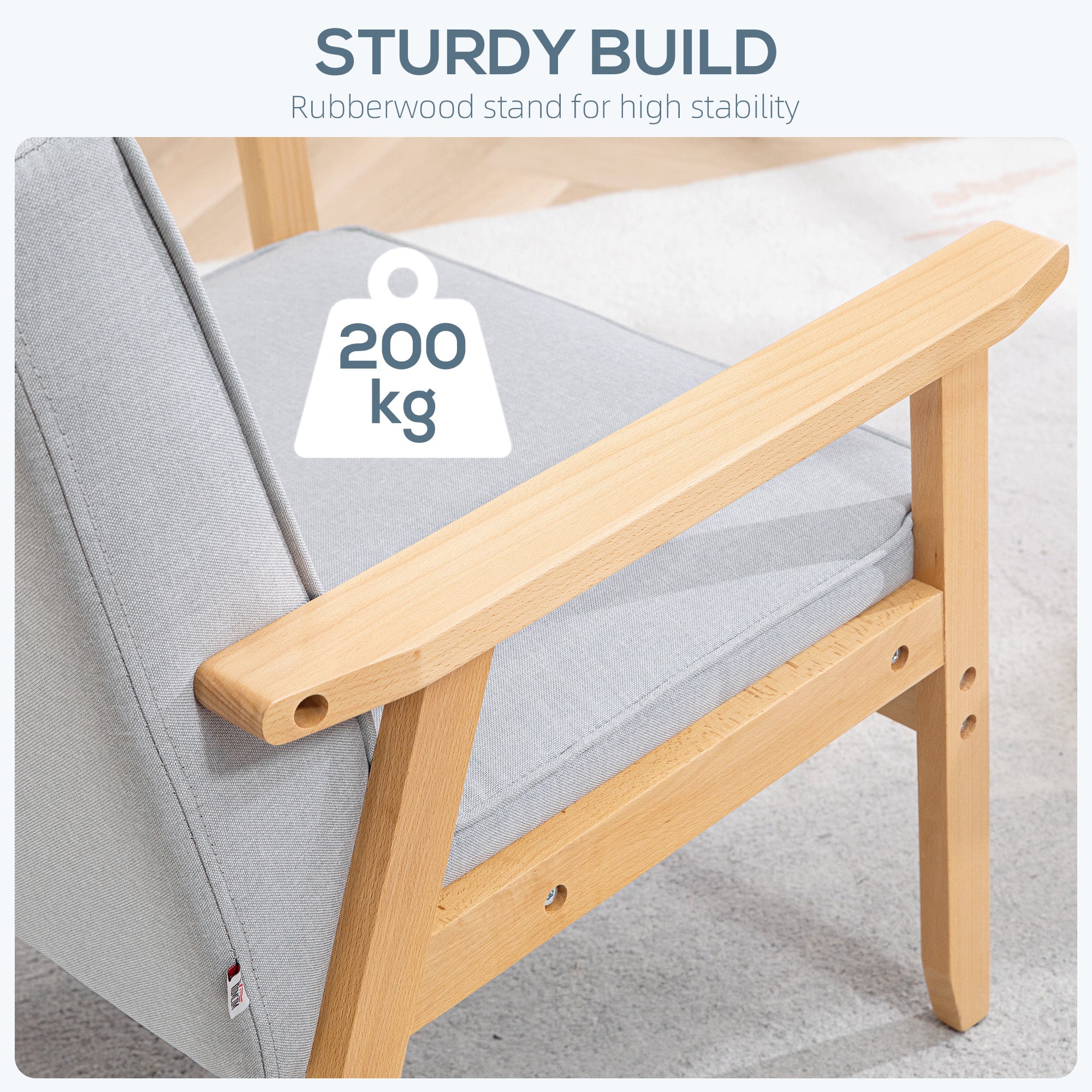 HOMCOM Modern Light Grey Fabric Accent Chair with Tufted Back Wood Legs Thick Padding for Living Room Bedroom