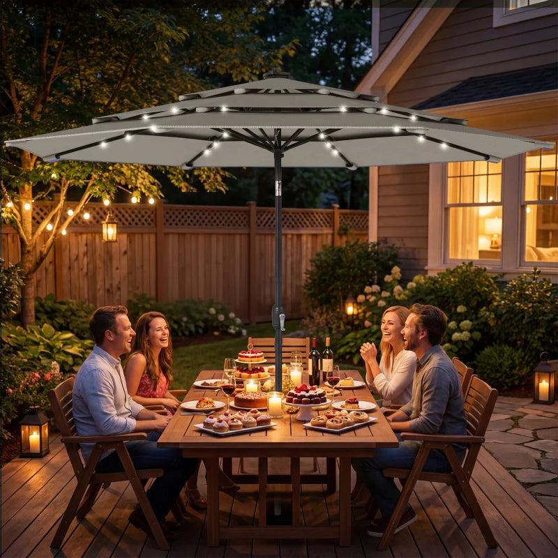 9.3 ft Patio Umbrella with Solar LED Lights, Cover, 3 Tier Outdoor Market Table Parasol with Tilt, Crank, Grey