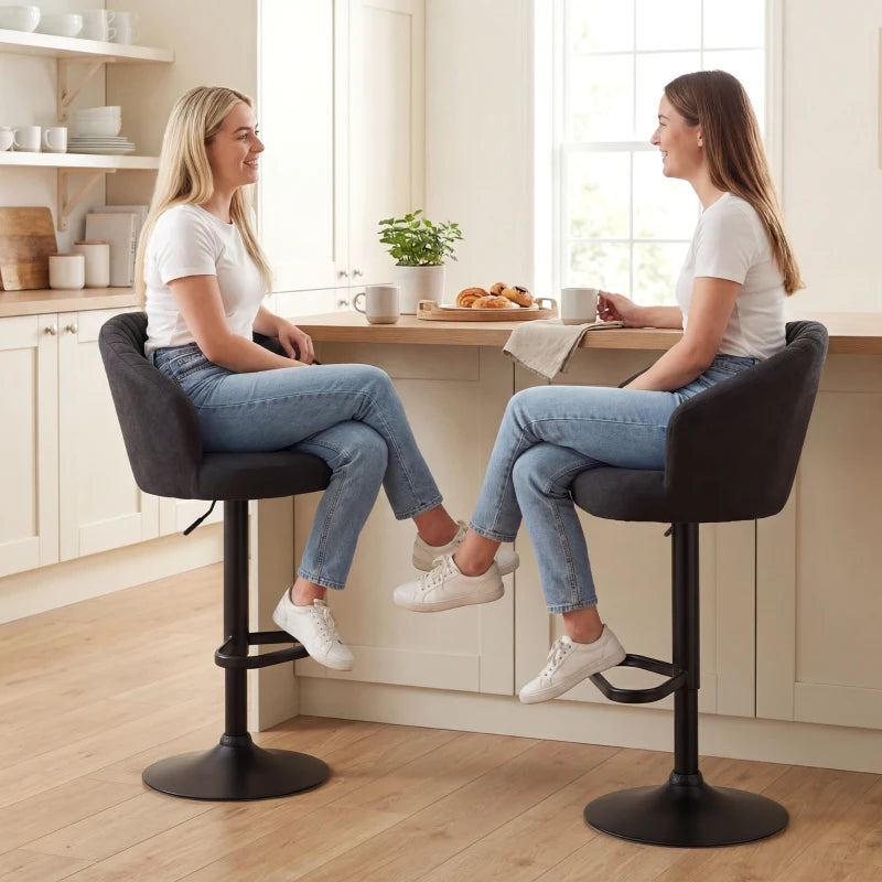 Adjustable Bar Stools Set of 2, Upholstered Kitchen Stools with Swivel Seat, Steel Frame, Footrest, Black