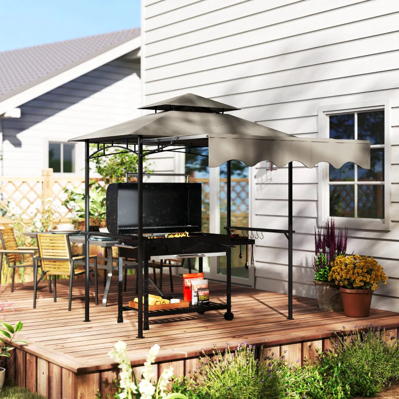 8' x 7.6' Grill Gazebo, Double Tiered Barbecue Grill Gazebo Shelter w/ Side Awning, 2 Side Shelves, 6 Hooks, Light Grey