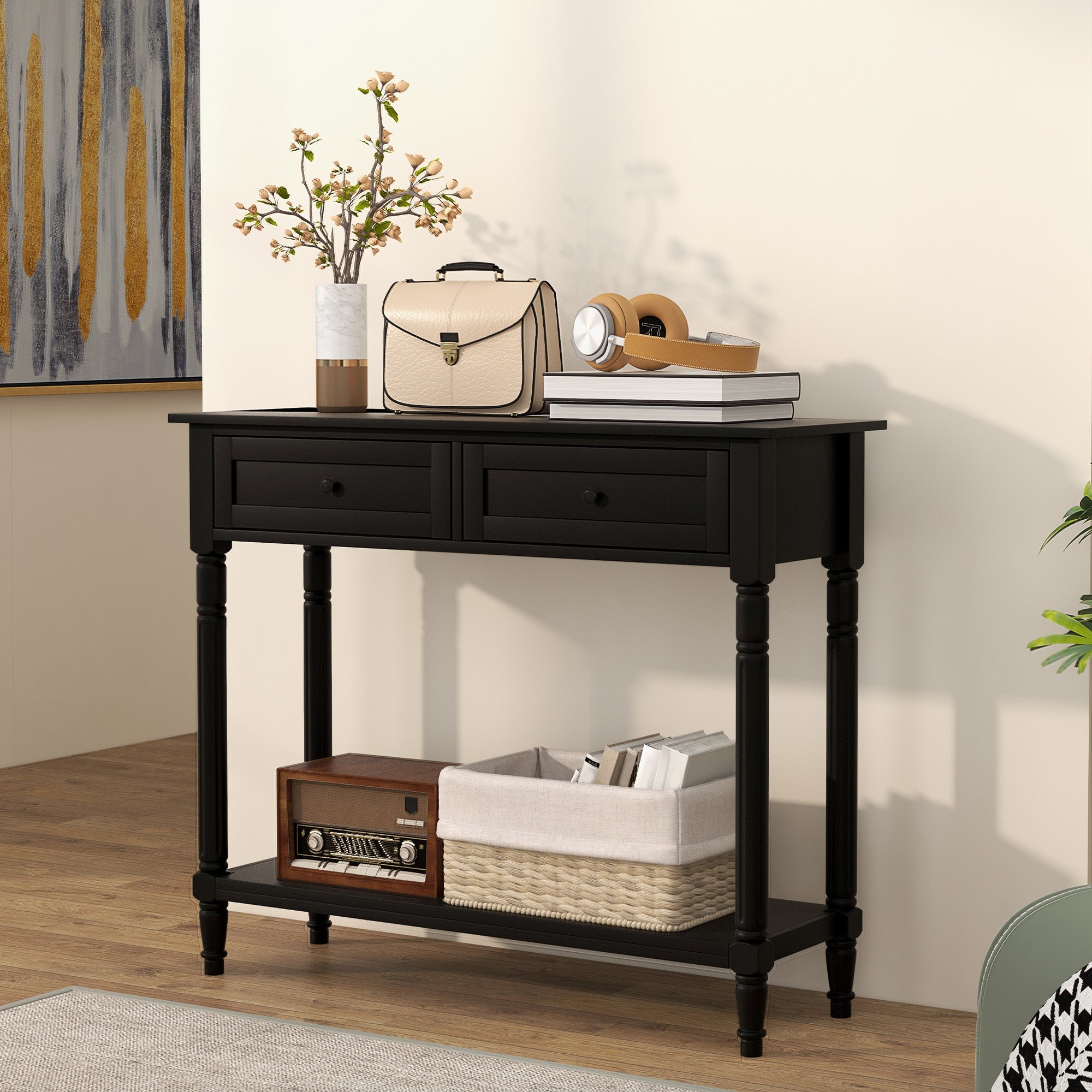 HOMCOM Hallway Console Table, Modern Entryway Table with 2 Drawers, Storage Shelf, Turned Legs for Living Room, Bedroom, Black
