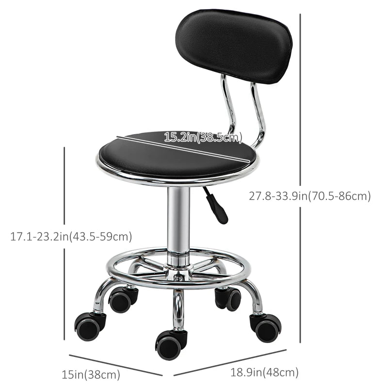 Faux Leather Salon Stool, Height Adjustable Rolling Stool with Footrest Ring, Back and Wheels for Beauty, Tattoo, Black
