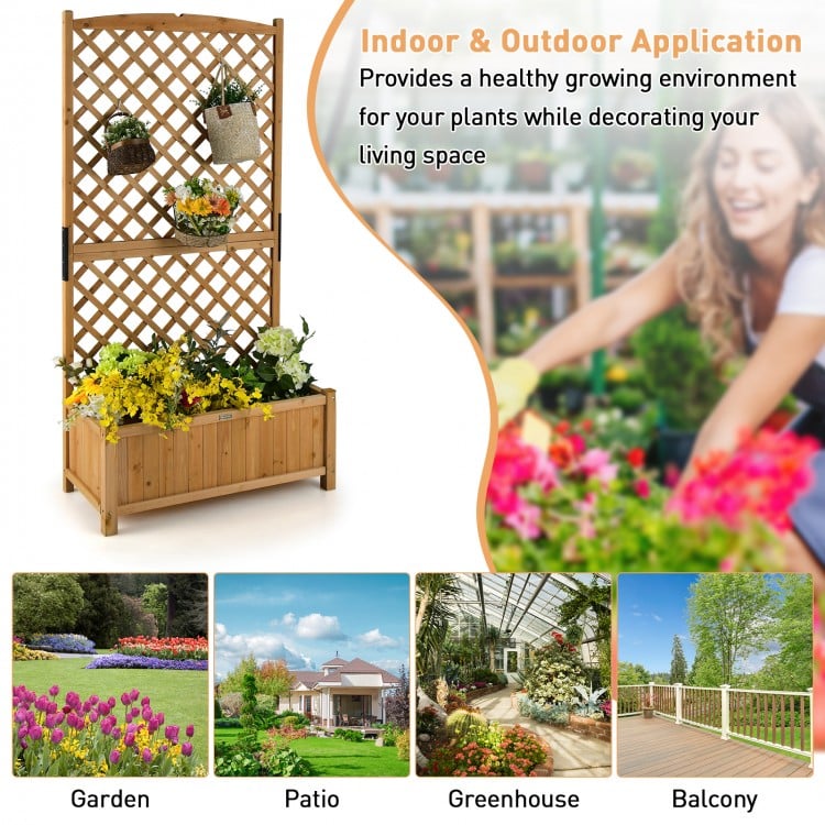 Planter Raised Bed with Trellis for Plant Flower Climb-Natural
