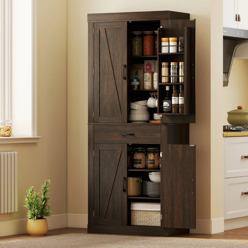 72" Kitchen Pantry Cabinet, Farmhouse Kitchen Storage Cabinet with 4 Barn Doors, 6 Door Shelves, Drawer, Brown