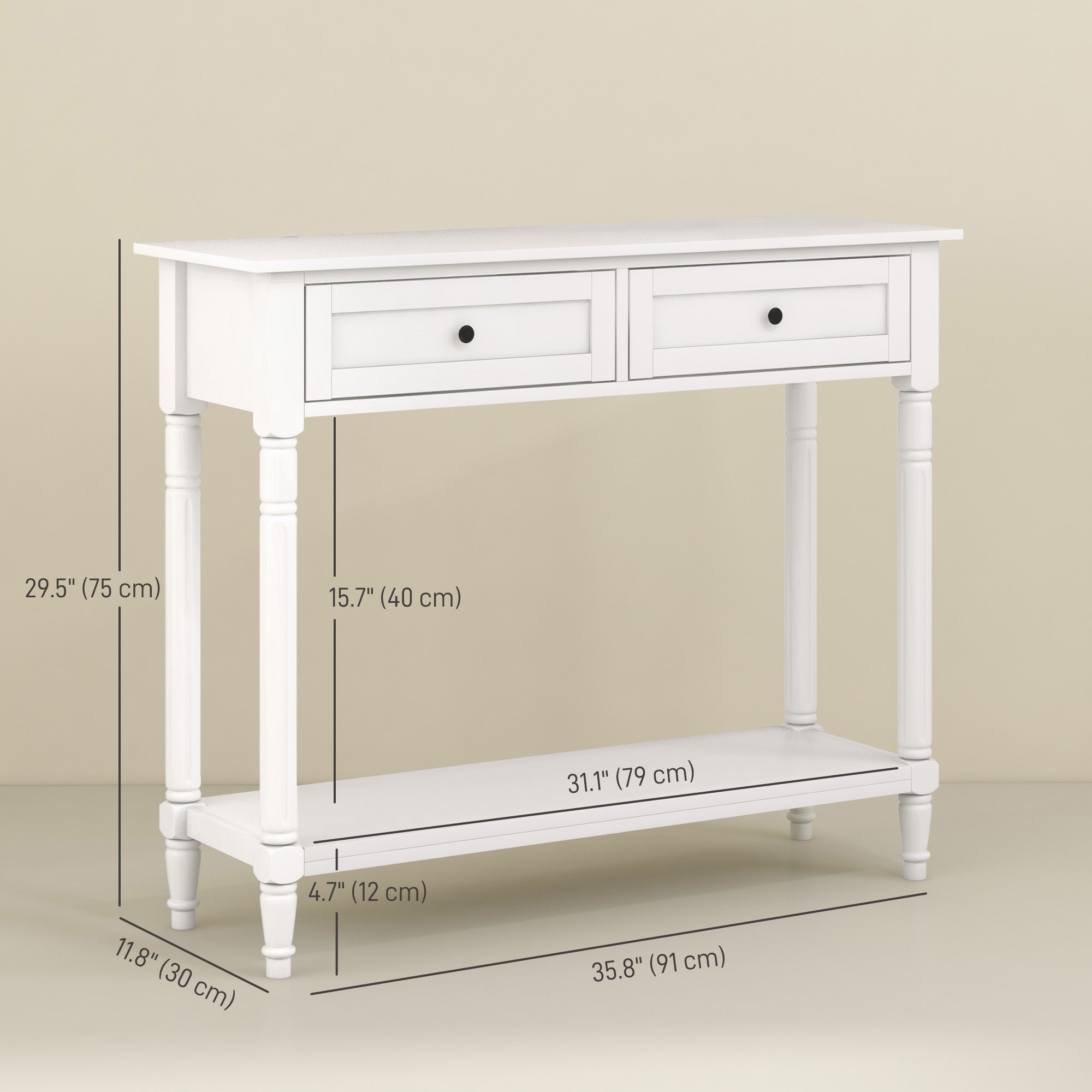 HOMCOM Hallway Console Table Modern Entryway 2 Drawers Storage Shelf Turned Legs Living Room Bedroom White