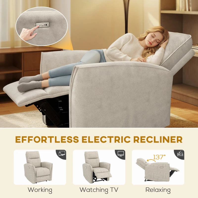 Power Recliner Chair, Fabric Upholstered Recliner Chair with USB Ports, Footrest, Beige