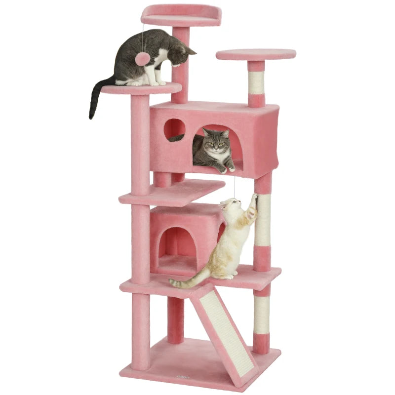 54" Cat Tree, Multi-Level Cat Tower with Scratching Posts, Cat Condos, Bed, Platforms, Ramp, Toy Ball, Pink