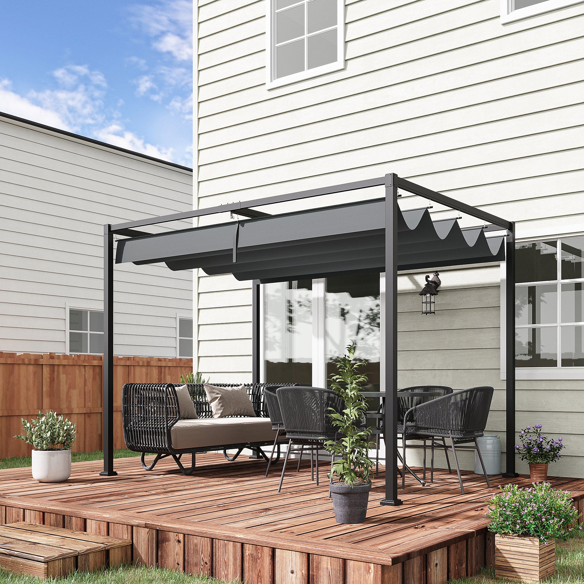 Outsunny Metal Frame Pergola Gazebo 10x7ft with Retractable Canopy Outdoor Patio Sun Shelter Water-Proof Yard Shade Grape Tent