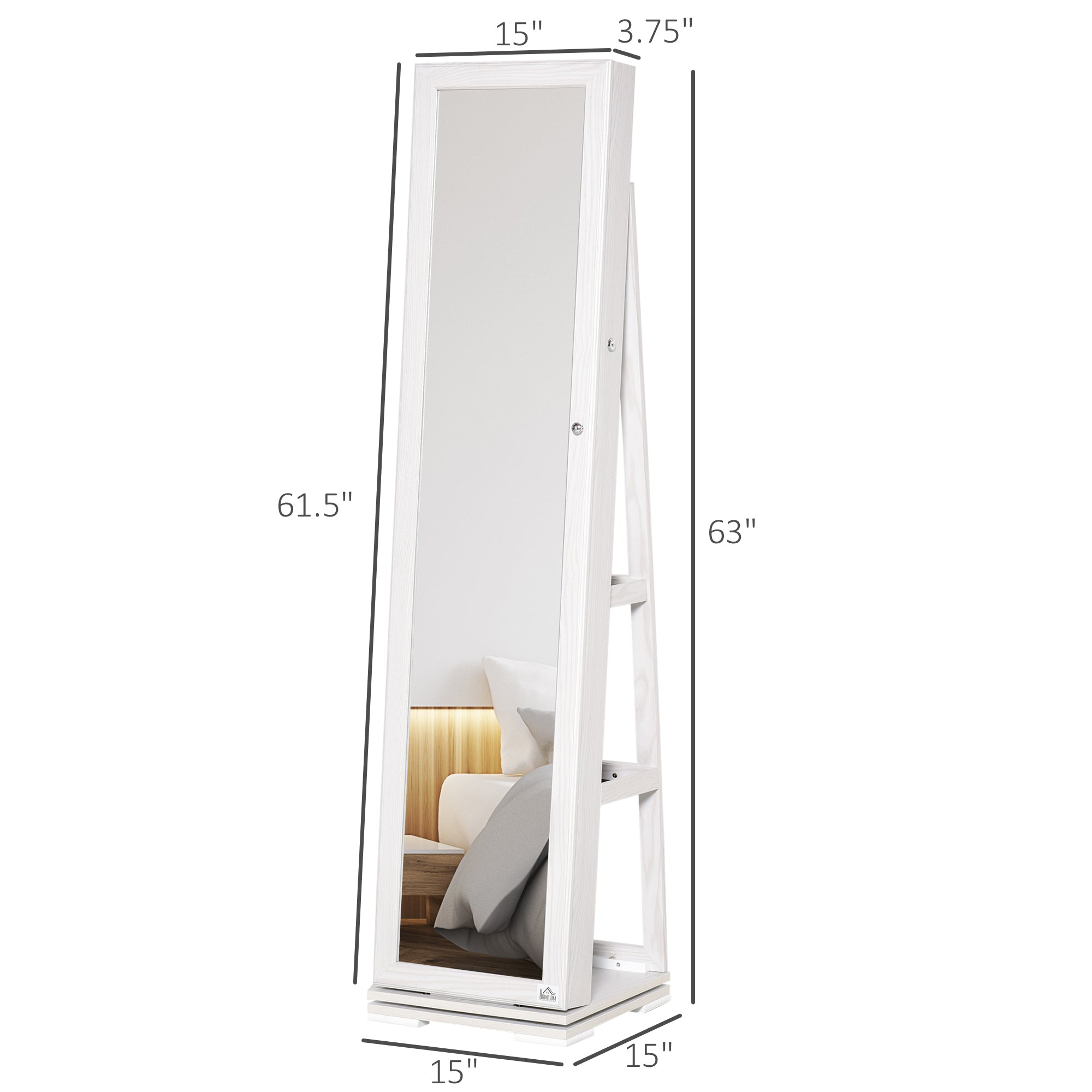 HOMCOM 360 Swivel Jewelry Cabinet with Full Length Mirror Lockable Organizer White