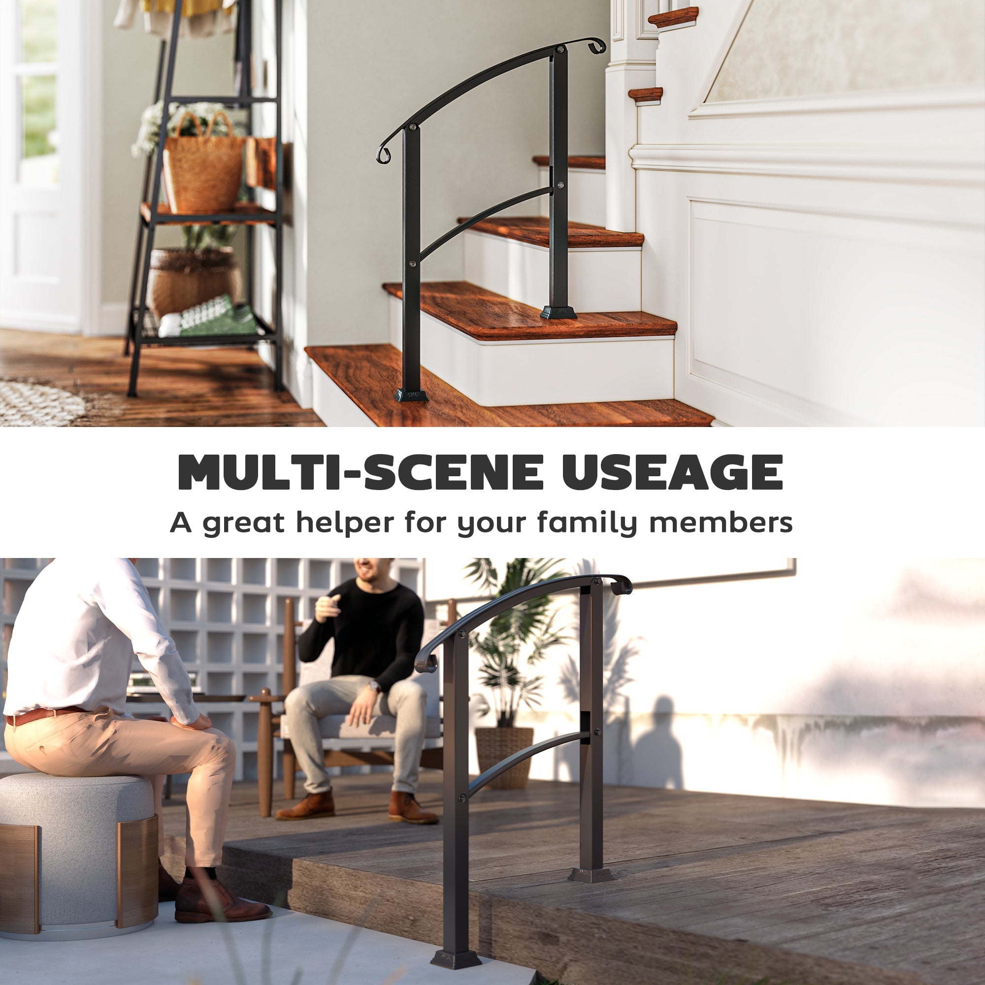 Outsunny 1-3 Step Handrails for Outdoor Steps, Porch Deck Railing, Metal Outdoor Stair Railing with Installation Kit, Black