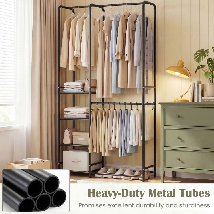 Portable Closet with Pants Hangers and 2 Hanging Rods and 4 Storage Shelves-Black