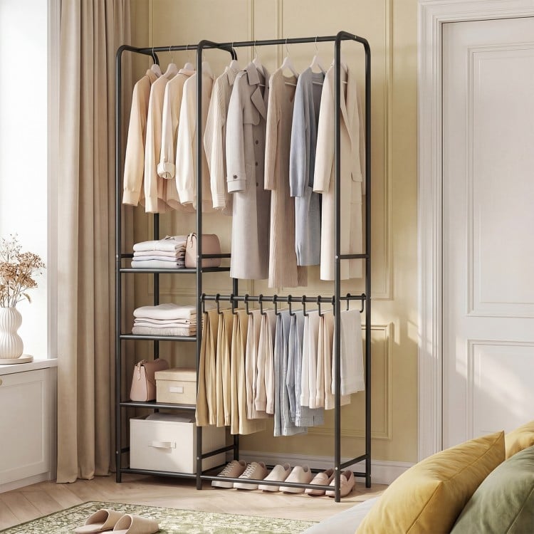 Portable Closet with Pants Hangers and 2 Hanging Rods and 4 Storage Shelves-Black